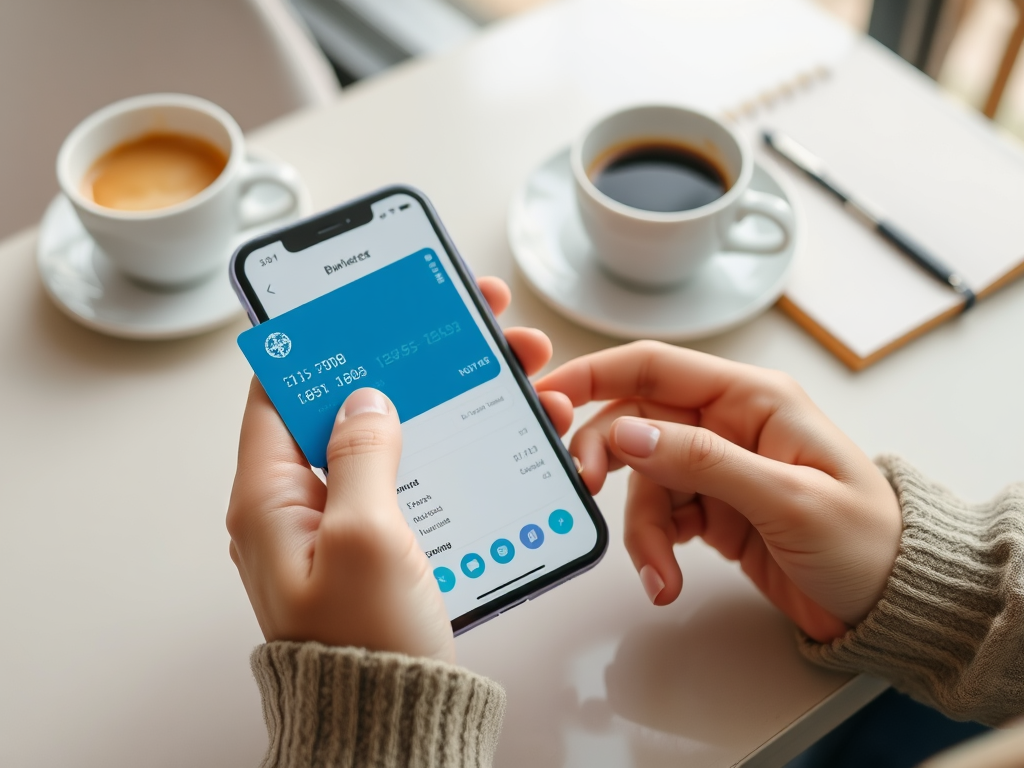 На изображении женщина держит смартфон с открытым приложением и банковской картой, рядом чашки кофе.