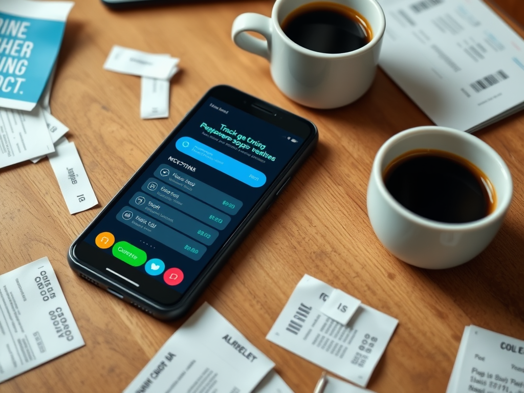 Смартфон на столе с чеками и чашками кофе, открытое приложение для отслеживания вознаграждений.